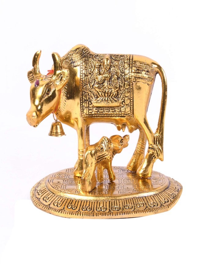 JAIPUR ACE Kamdhenu Cow with Calf Sculpture Brass Statue, Nandi Cow Sculpture - Medium, Golden - Image 2